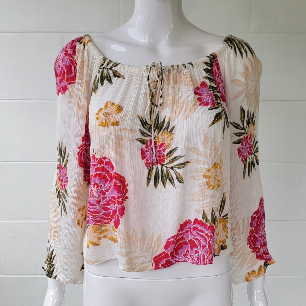 Billabong Floral Peasant Blouse White Pink Womens L Boho Coastal Summer Festival